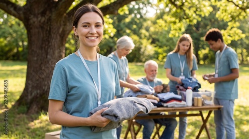 Smiling young woman volunteer holding folded clothes at an outdoor charity event with other volunteers sorting donations in a park.