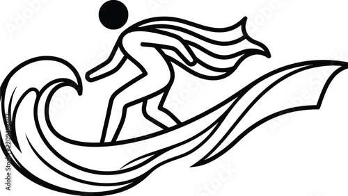 Stick figure superhero riding giant wave with flowing cape in simple black vector art