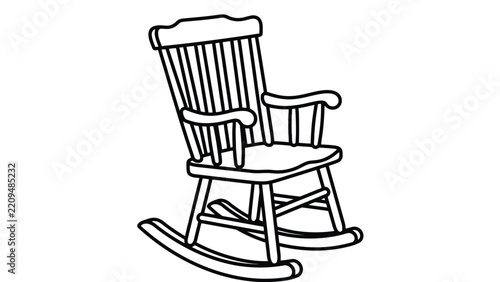 Detailed black and white outline drawing of traditional wooden rocking chair for coloring books