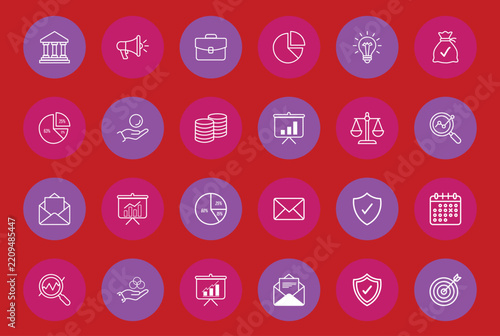 Set of business and finance icons in flat style on colorful circles