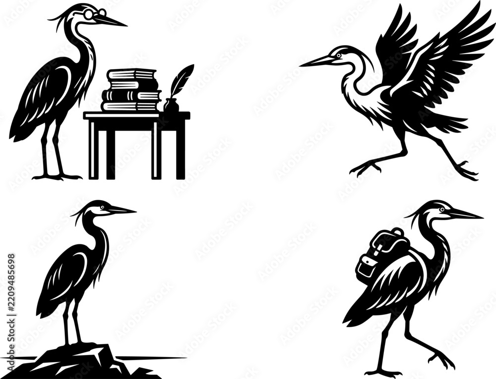 Obraz premium Set of illustrations of a heron bird in different activities, black and white vector icons