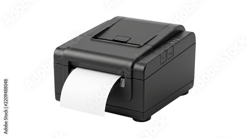 Compact wireless receipt printer isolated on white background for modern retail checkout concepts.