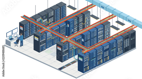 Isometric view of a modern data center with server racks, cables, and a technician at a workstation