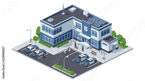 Isometric police station building with patrol cars and officers on duty in a clean urban environment