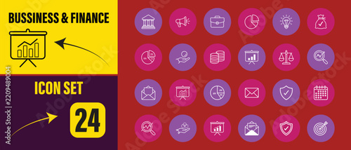 Business and finance icon set with 24 vector line icons for professional presentations and financial reports