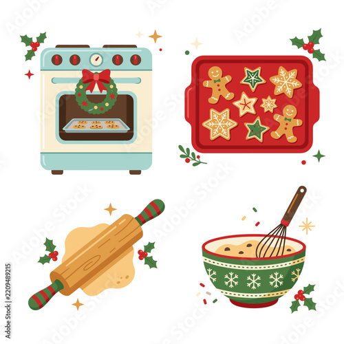 Christmas baking scene with vintage oven, cookie tray, rolling pin, and mixing bowl