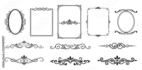 Black vintage frames and ornamental divider collection on transparent checker background.