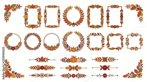 Autumn harvest vector collection featuring decorative floral wreaths frames and dividers for thanksgiving and fall season celebration design