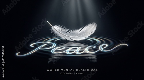 Peace text with silver feather floating above water ripples on dark background