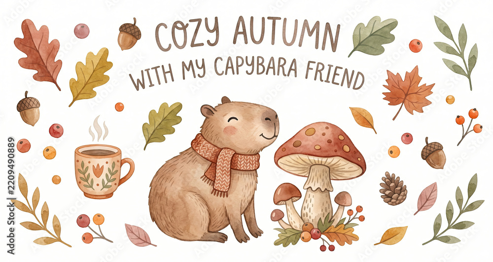 Obraz premium Cozy autumn with my capybara friend. Cute animal wearing scarf. Fall leaves and mushroom.