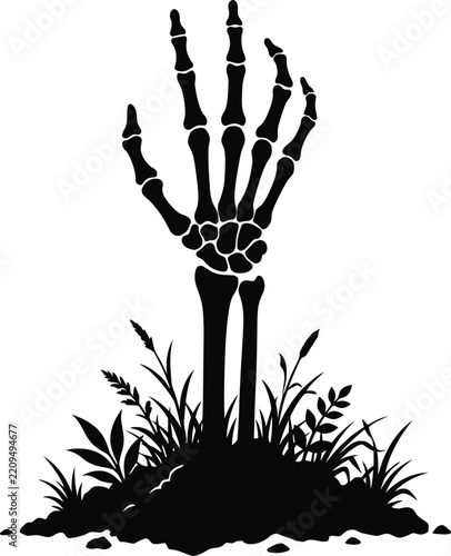 Skeletal hand emerging from the earth surrounded by lush green foliage