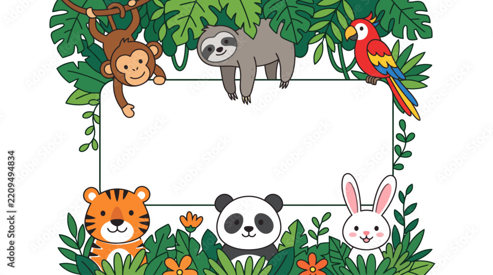 Obraz premium Cute jungle animals frame illustration, cartoon safari animal border vector, tropical leaf blank banner for kids design