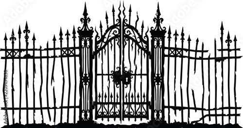 Intricate wrought iron gate and fence illustration on a clean white background