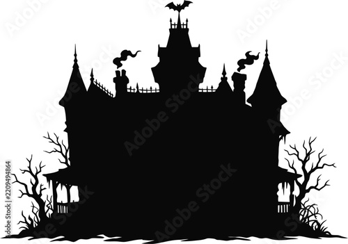 Spooky haunted house silhouette with crows against a white background for halloween