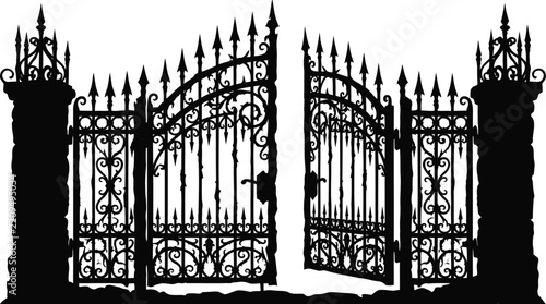 Ornate black wrought iron gates stand open invitingly on a white background