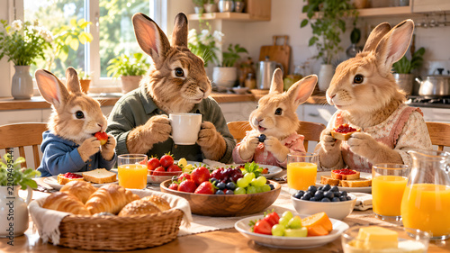 Bunnies Enjoying Breakfast Together