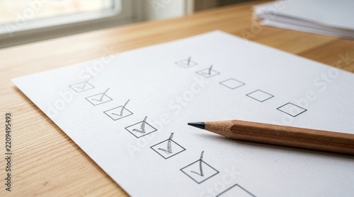 A wooden pencil lying on a white sheet of paper with hand-drawn checklist boxes and check marks on a wooden table, representing business tasks, planning, and evaluation.
