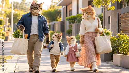 Cats and children walking down sidewalk