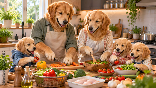 Golden Retrievers Cooking in Kitchen