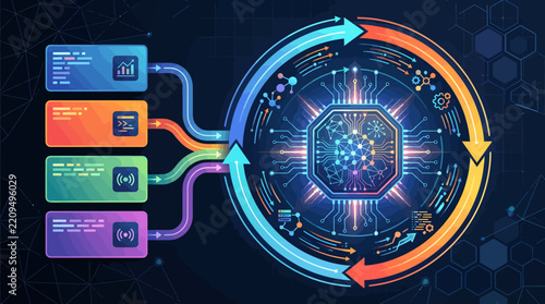 Futuristic digital data processing hub with glowing circuit elements