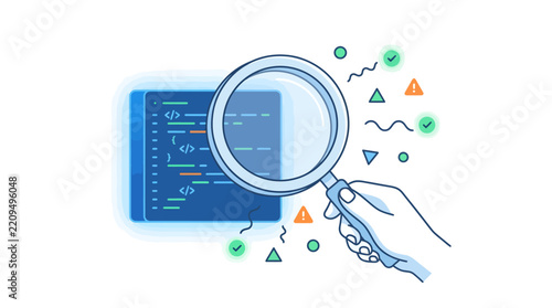 Magnifying glass inspecting software code for errors and debugging