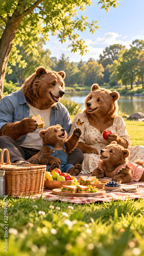 Three bears enjoying picnic in park