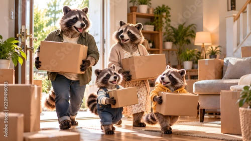Raccoons Moving House with Boxes