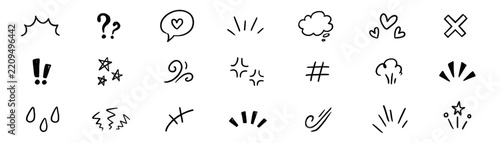 Element icon comic line set. Hand drawn element icon comic line effect cute sketch heart arrow. Bubble question exclamation speech sparkle surprise emoji flash. Vector