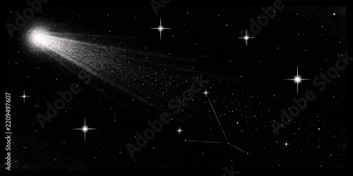Stunning monochrome vintage engraving illustration of a bright glowing comet soaring through deep dark starry night space with sparkling constellations for.
