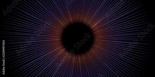 Vibrant abstract geometric background featuring glowing neon purple and orange radial starburst lines emanating from a dark central black hole for web design.