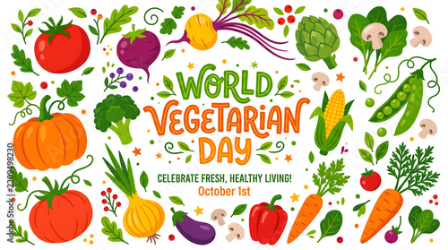 World Vegetarian Day greeting card design with colorful vegetable icons