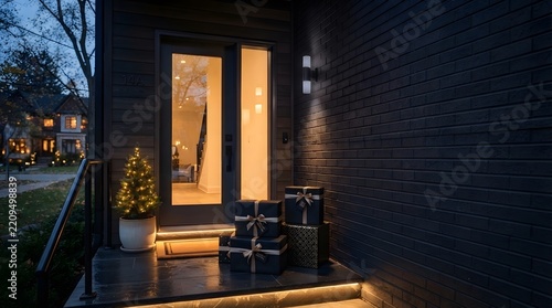 Warm light spills from an inviting doorway on a quiet residential street at night