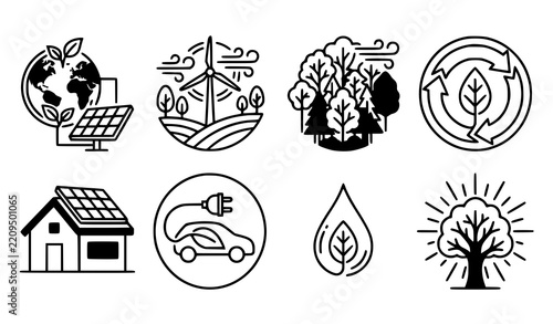 Environmental Sustainability Black White Icon Collection Vector