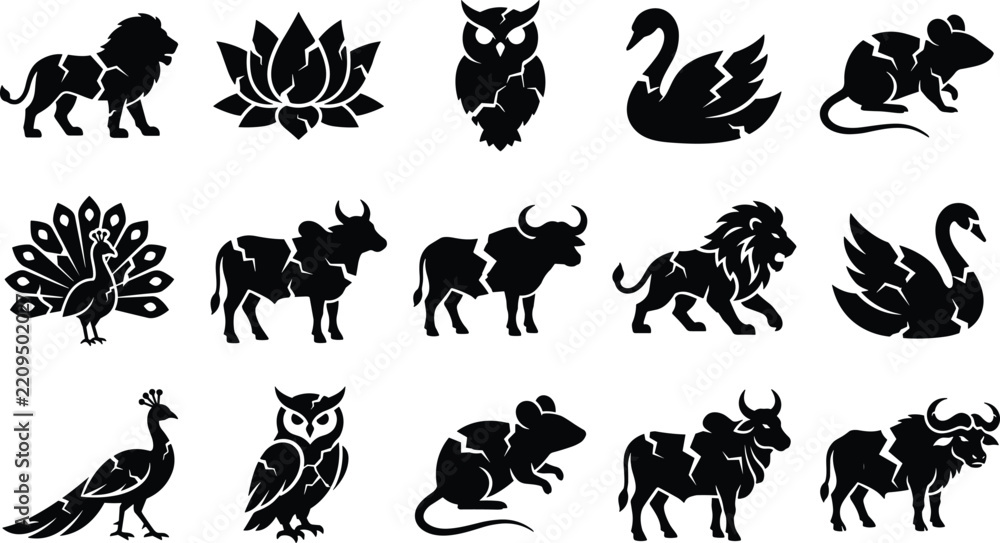 Obraz premium Set of silhouettes of animals and lotus flower with cracked texture