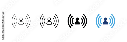 Total reach icon set. User profile broadcasting signal waves Icons. Editable stroke, outline, Glyph and two-tone vector illustration.