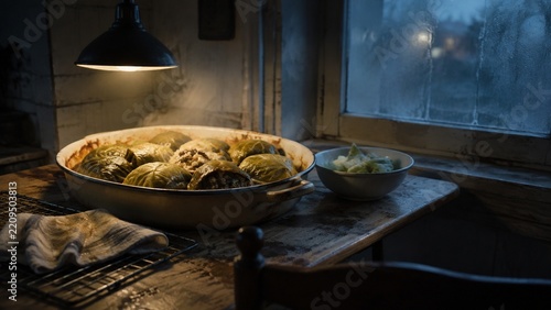 A large shallow pan filled with cooked cabbage rolls rests on a wooden surface near a window, beside a small white bowl containing shredded food material, all illuminated by a hanging lamp