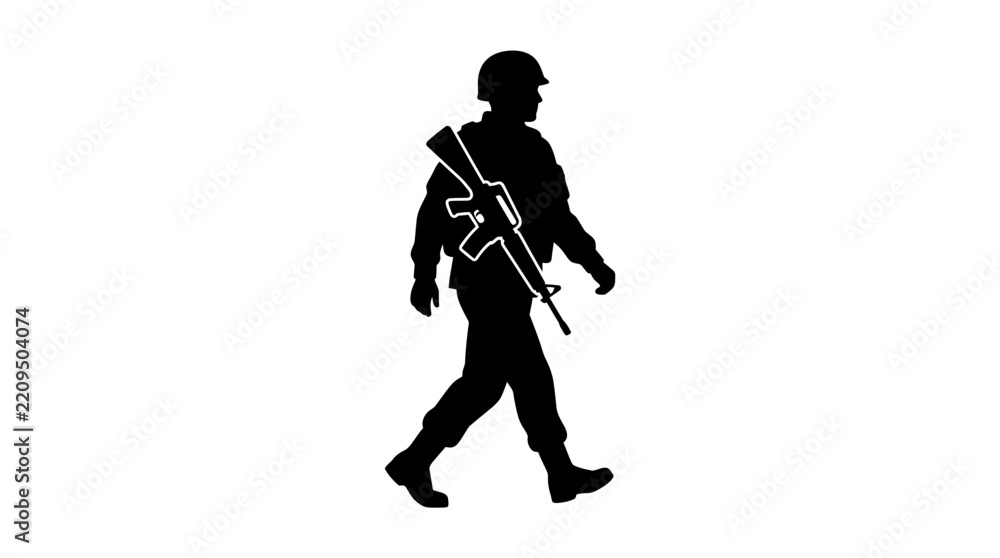 Obraz premium Soldier Silhouette Walking with Rifle and Helmet on Isolated White Background