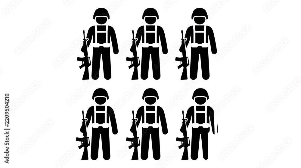 Obraz premium Set of Armed Soldier Silhouettes Standing with Rifles for Military Infographic Design
