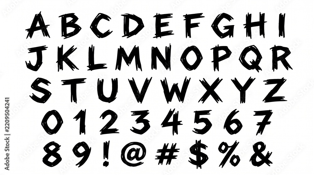 Fototapeta premium Distinctive hand-drawn alphabet and numeral set, perfect for conveying a raw and edgy message with creative flair