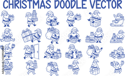 Christmas Winter Wonderland Doodle Vector Collection – Santa Sleigh, Reindeer and Festive Holiday Elements
