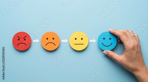 Female hand placing smiling blue face at end of emotional progression scale from red angry face representing successful customer service experience.