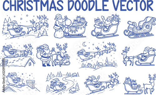 Hand Drawn Christmas Village and Winter Holiday Elements – Festive Blue Line Art Vector Set
