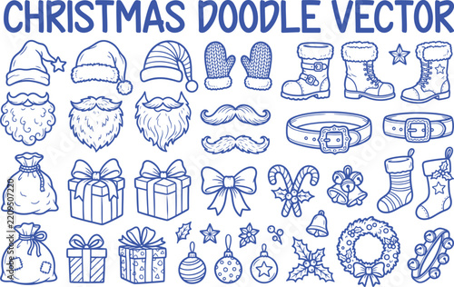 Christmas Santa Claus Doodle Collection with Festive Holiday Elements, Cute Winter Vector Clipart