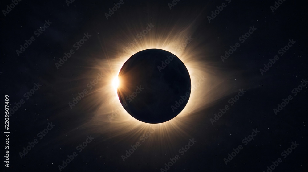 Naklejka premium Total solar eclipse with bright corona in the dark night sky