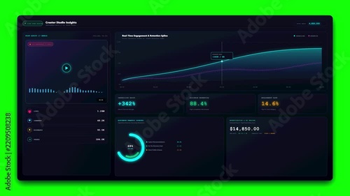 Modern Dark Mode Analytical Dashboard Interface Featuring Data Visualization Charts and Performance Metrics for Business Performance Tracking