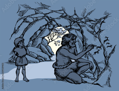 Vector drawing. A primitive man draws in a cave