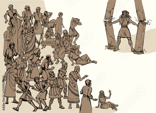 Vector drawing. Samson destroying the temple