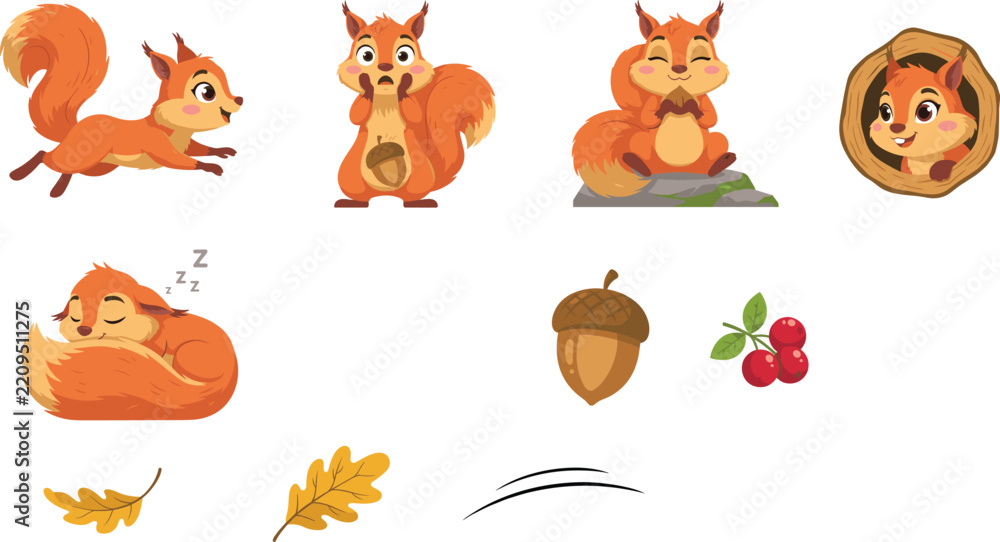 Obraz premium Cute Cartoon Squirrel Character Vector Illustration Set with Running Sleeping Shocked Poses Acorn Hollow Log and Oak Leaves for Children Book Designs