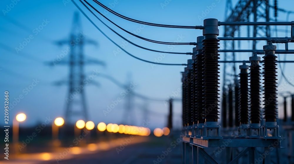 Obraz premium Industrial electrical substation equipment with high voltage power lines and insulators standing tall against twilight sky illuminated by blurred background lights.
