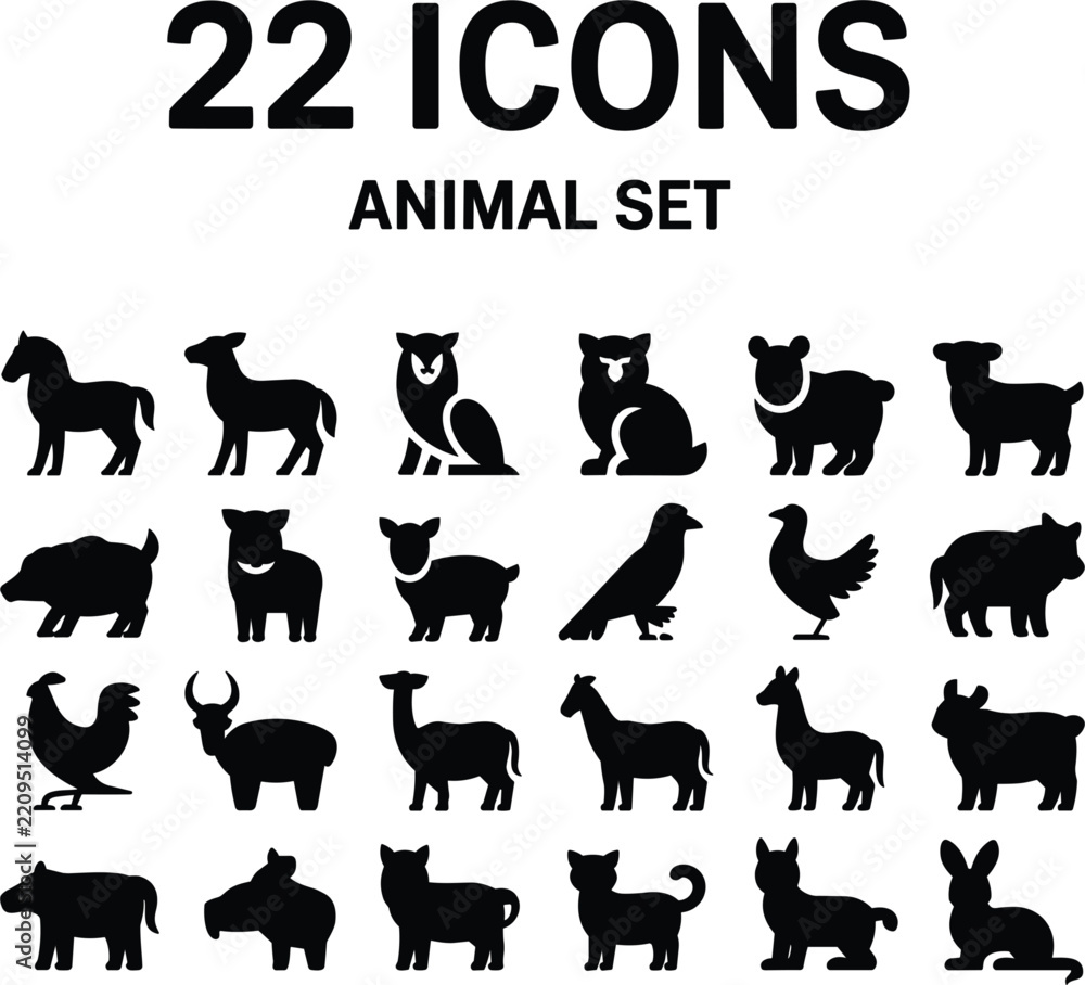 Obraz premium Domestic livestock and wild animal black silhouette icon collection featuring farm birds mammals and zoo creature graphics